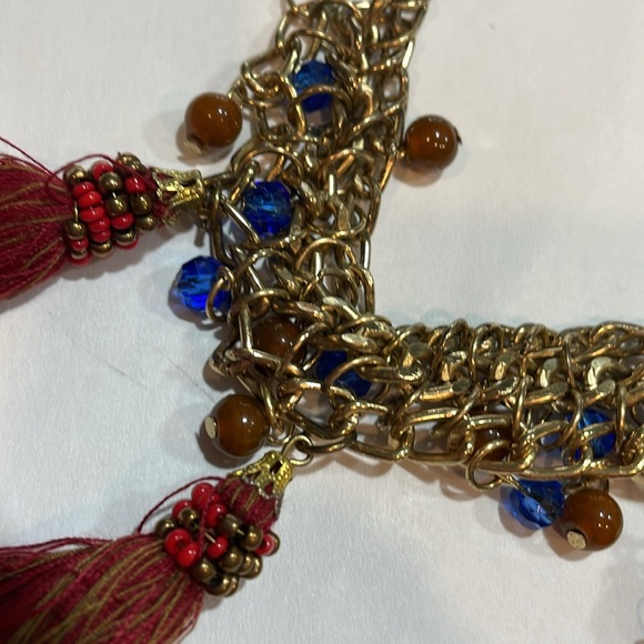 World Market tassels, beads necklace multi-color rust, blues, reds, gold metal - Picture 8 of 9